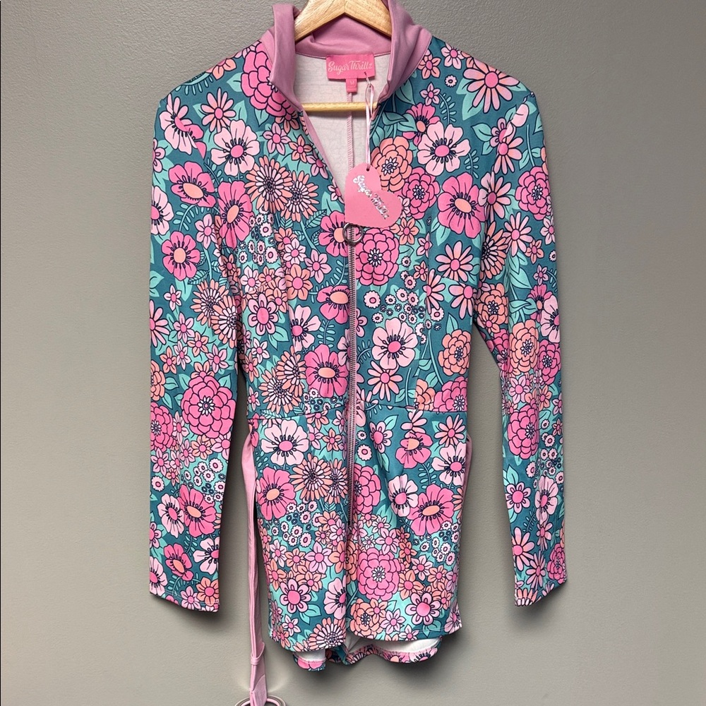 Sugar Thrillz Floral Zip Front Bodysuit NWT Size M Pink Blue